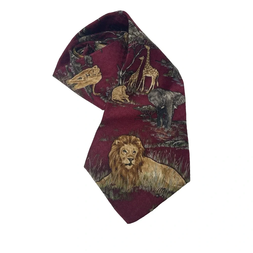 WWF World Wildlife Fund Safari Animal Tie Lions Elephant Giraffe Burgundy Silk
